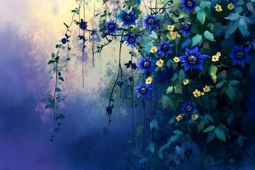 Blue Passion flower,climbing plant,tropical vine.A digital painting of a blue passion flower vine cascading over a trellis, with deep blues, purples, and yellows.