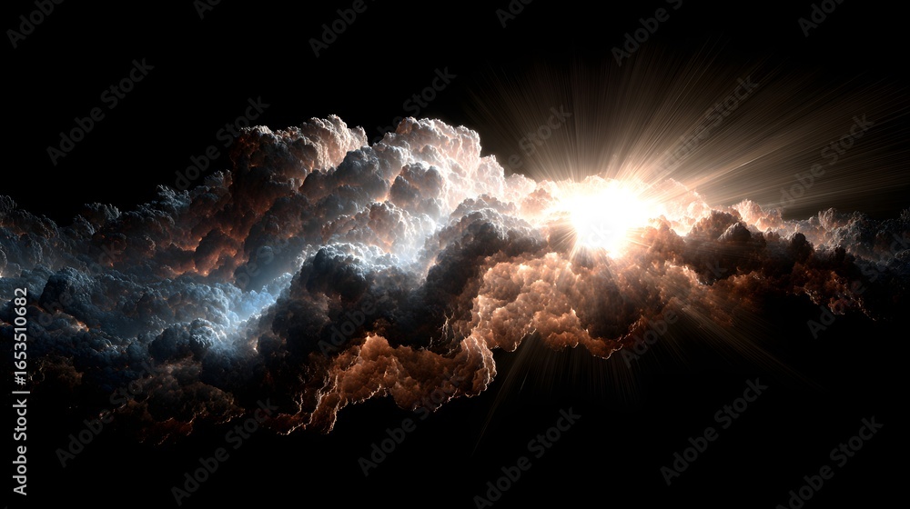 Poster a dramatic digital rendering of a celestial cloud formation, illuminated by a radiant burst of light