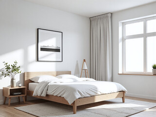 Minimalist bedroom with white bedding, light wooden bed frame, and a single abstract painting.
