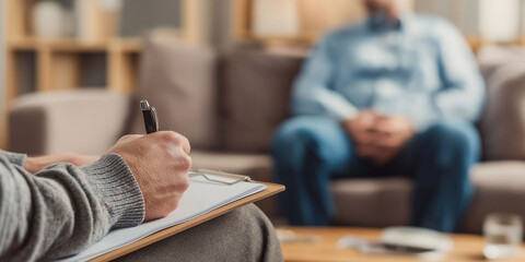 Close-up of a therapist's hand taking notes. A patient sitting in an armchair in the background.
