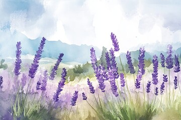 A watercolor illustration of Spanish lavender in a field, blending soft lavender hues with gentle greens.Spanish Lavender,purple bloom,fragrant plant,ornamental shrub.