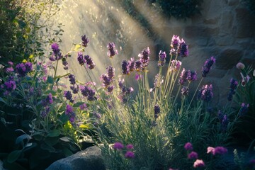 Spanish Lavender,ornamental shrub,purple bloom,fragrant plant.A photograph of Spanish lavender growing in a sun-drenched garden, with the flowers purple hues glowing in the late afternoon
