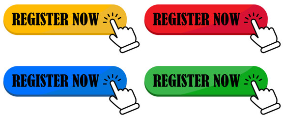 Register now button vector illustration for web design and online registration form call to action graphic on white background.  Register now button vector for quick online signup. register, button