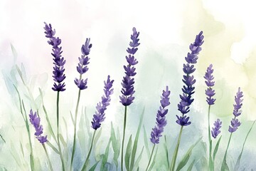 Spanish Lavender,purple bloom,fragrant plant,ornamental shrub.A watercolor illustration of Spanish lavender in a field, blending soft lavender hues with gentle greens