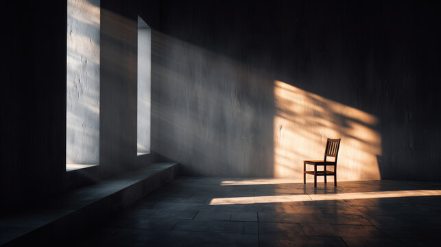 A stark and powerful image of a single chair placed in a large, empty, and sunlit room. The image's composition and use of light and shadow create a dramatic, quiet, and thought-provoking mood.