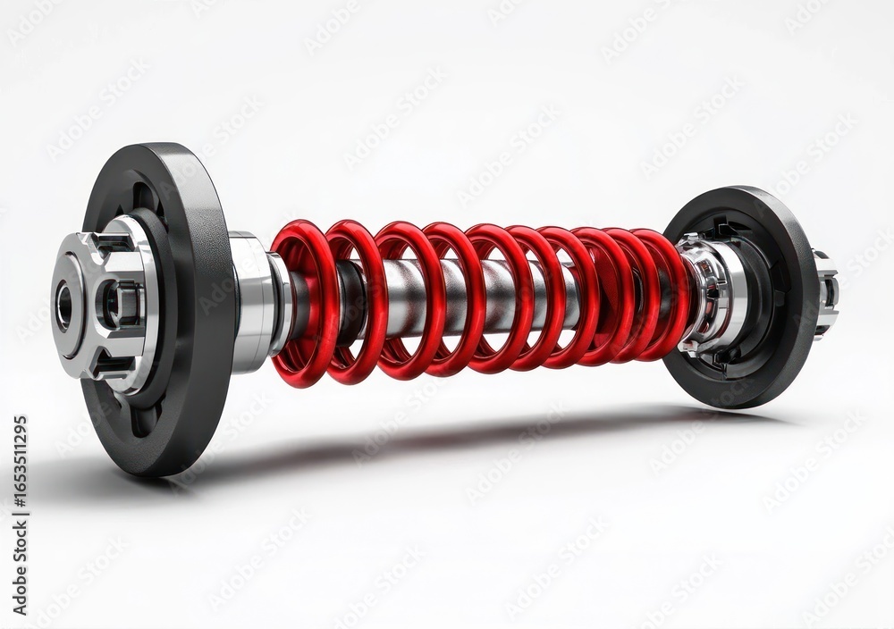 Poster close-up view of a shiny metal mechanical spring assembly with red coil spring and black circular en