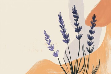 Spanish Lavender,ornamental shrub,purple bloom,fragrant plant.A minimalist illustration of Spanish lavender, using soft, flowing lines and pastel colors