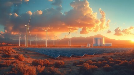Vast renewable energy farm with solar panels and wind turbines at sunset in a desert landscape with dramatic clouds and distant mountains