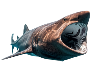 A magnificent deep-sea shark, mouth agape, showcasing intricate details of its formidable jaws and skin texture against a stark black background.