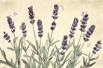 A vintage-style illustration of Spanish lavender, with detailed line work and soft watercolor splashes.Spanish Lavender,purple bloom,fragrant plant,ornamental shrub.