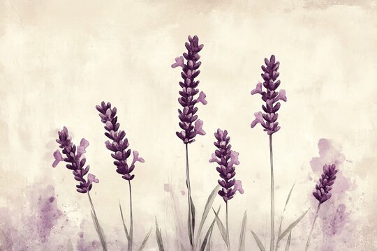 Spanish Lavender,fragrant plant,ornamental shrub,purple bloom.A vintage-style illustration of Spanish lavender, with detailed line work and soft watercolor splashes