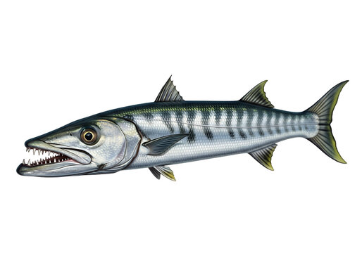 A detailed illustration of a snook, showcasing its sharp teeth and striking color pattern against a pure black background.