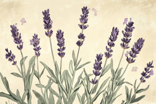 A vintage-style illustration of Spanish lavender, with detailed line work and soft watercolor splashes.Spanish Lavender,purple bloom,fragrant plant,ornamental shrub.