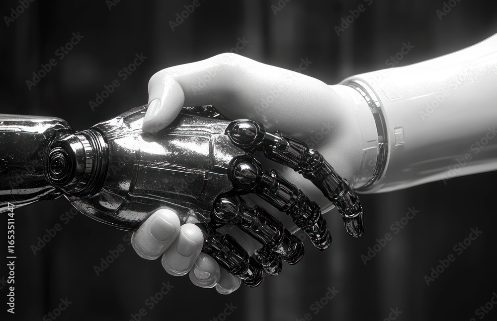 Poster close-up of a human-like robotic hand shaking a mechanical robotic hand symbolizing connection and c