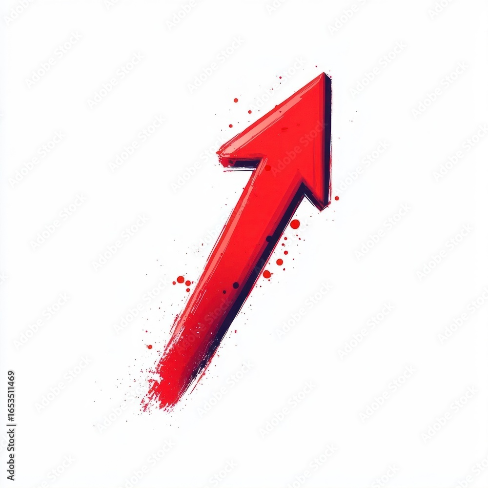 Poster bold red arrow pointing upward with paint splatters on white background conveying growth and progres
