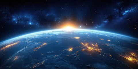 View of planet Earth from space with glowing city lights on the dark side and the sun rising over the horizon, surrounded by stars and cosmic clouds