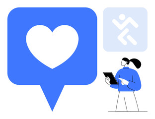Large heart icon in speech bubble with user holding tablet, symbolizing interaction, engagement, and notification. Ideal for social media, technology, communication, health, self-care user