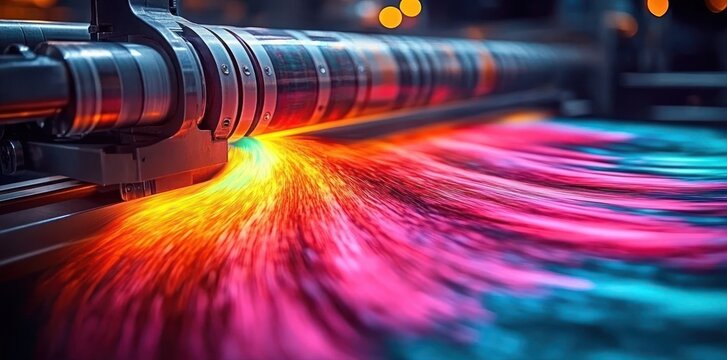 Close-up of a large industrial printer producing vibrant streaks of neon colors including pink, orange, and blue with dynamic motion effect