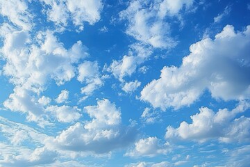 Obraz premium Bright blue sky filled with fluffy white clouds scattered across the horizon on a clear day