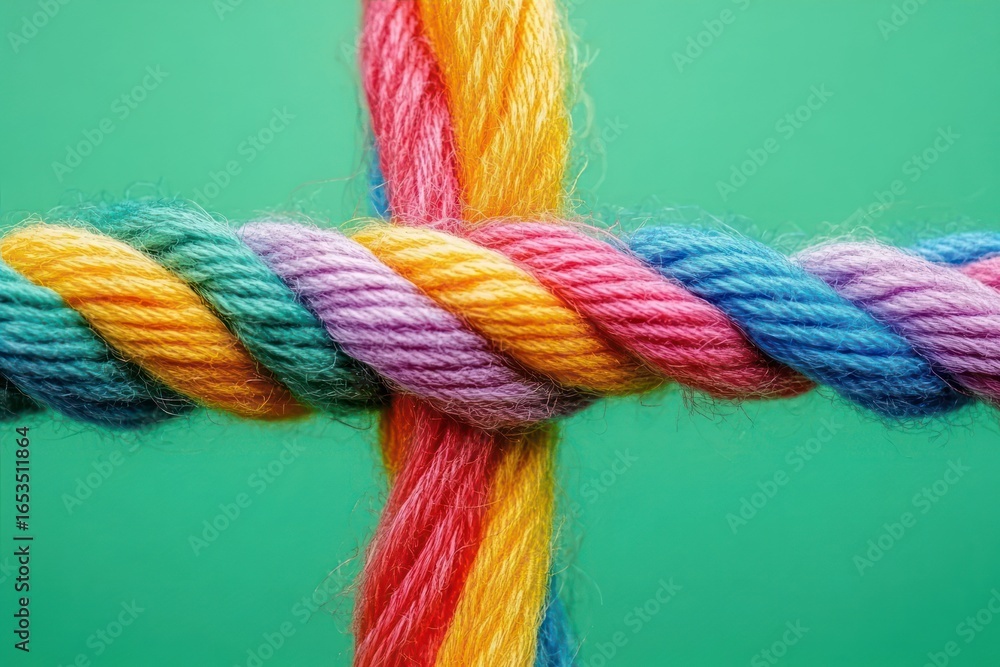 Poster close-up of intertwined multicolored yarn ropes crossing against a plain green background, symbolizi