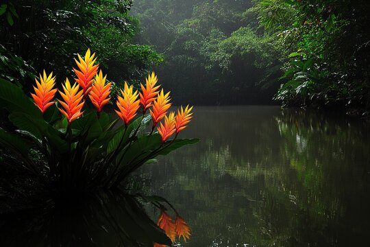 A photograph of a tropical landscape with a cluster of Heliconia psittacorum flowers growing.Heliconia psittacorum,parrot heliconia,lobster claw,tropical flower.