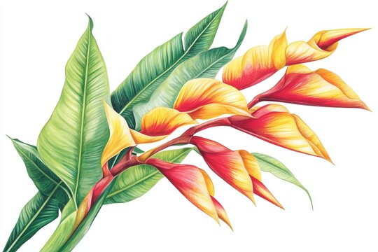 Heliconia psittacorum,tropical flower,parrot heliconia,lobster claw.A detailed botanical illustration of Heliconia psittacorum, focusing on its distinct red, yellow, and green blooms