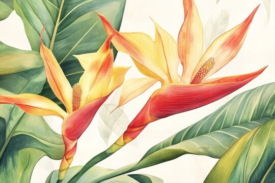 A detailed botanical illustration of Heliconia psittacorum, focusing on its distinct red, yellow, and green blooms.Heliconia psittacorum,tropical flower,parrot heliconia,lobster claw.