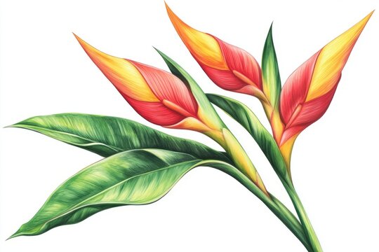 Heliconia psittacorum,lobster claw,tropical flower,parrot heliconia.A detailed botanical illustration of Heliconia psittacorum, focusing on its distinct red, yellow, and green blooms