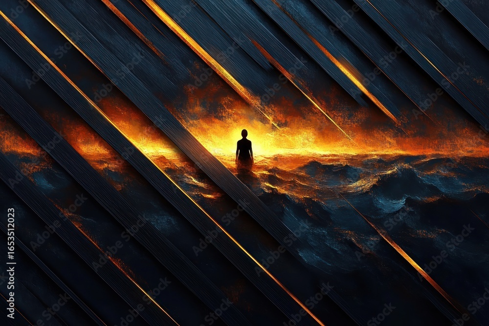 Poster silhouette of a person standing in turbulent glowing water with dark angular beams cutting across th