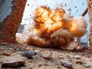 Powerful explosion with debris and smoke, amidst crumbling brick walls.