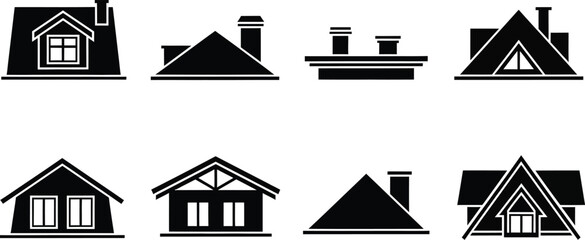 Collection of eight distinct black silhouette house roof designs with architectural details and chimney elements