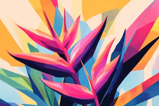 A stylized, modern illustration of a Heliconia psittacorum flower, with geometric shapes and bold colors.Heliconia psittacorum,parrot heliconia,lobster claw,tropical flower.