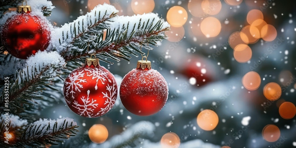 Aufkleber red christmas ornaments with snowflake patterns hanging on snow-covered pine tree branches with soft