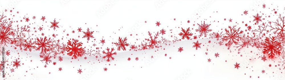 Poster delicate red snowflakes of various sizes scattered across a white background creating a festive and 