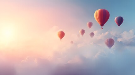Fototapeta premium Many colorful hot air balloons float serenely amidst soft, pastel-toned clouds, bathed in the warm glow of a sunrise or sunset.