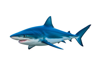Obraz premium A striking, vibrant blue shark dominates a stark black background.
