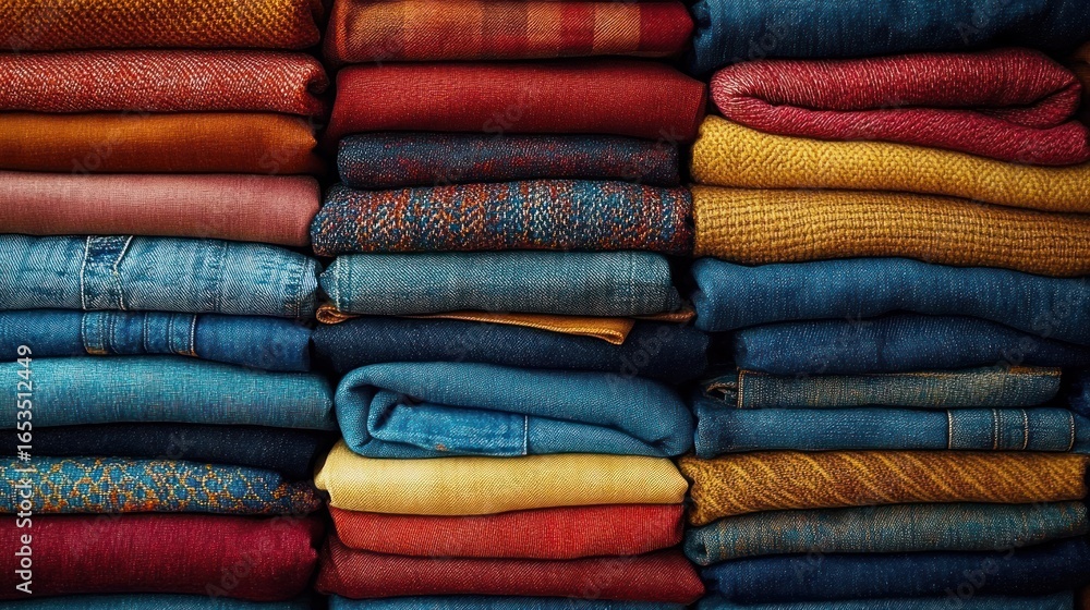 Poster neatly folded colorful fabrics and denim clothes stacked in horizontal rows, showcasing textures and