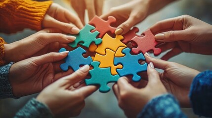 Multiple hands collaboratively fitting colorful puzzle pieces together symbolizing teamwork and unity