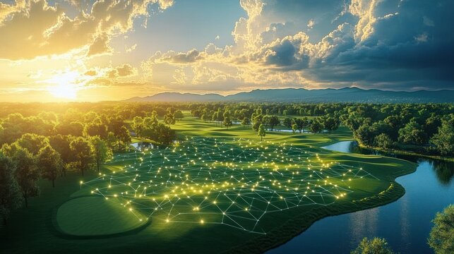 Sunset over a lush green golf course with an overlay of glowing interconnected network lines representing digital connectivity