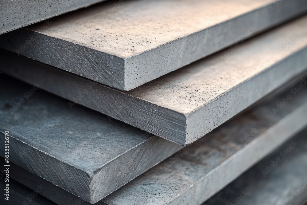 Poster stack of grey concrete slabs with rough surfaces arranged in a staggered pattern showing texture and