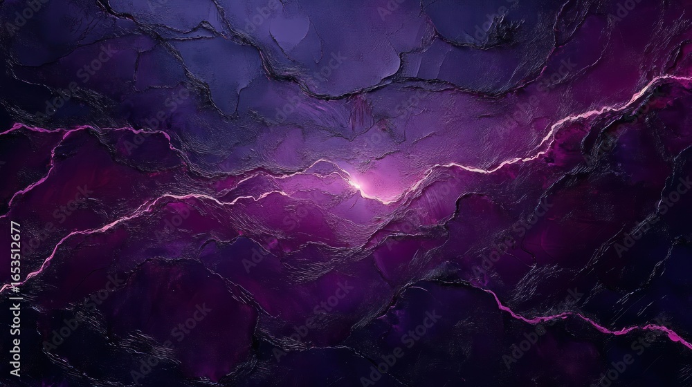 Poster abstract textured surface with deep purple and violet hues featuring glowing pink cracks emitting li
