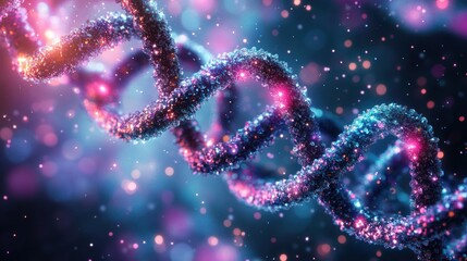Close-up glowing 3D spiral DNA strand with vibrant pink and blue particles floating in a dark background conveying advanced genetic science and molecular structure