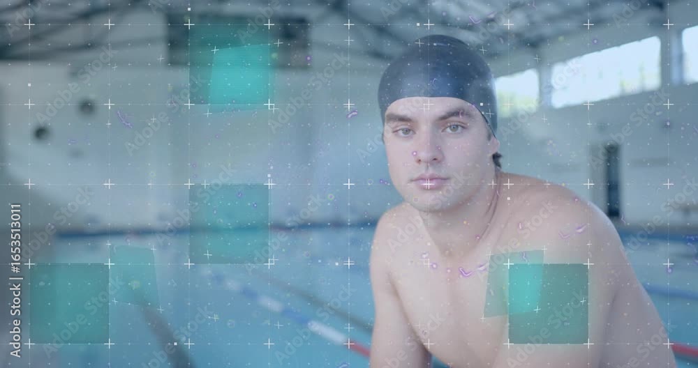 Poster male swimmer sitting pool edge watching data squares appearing and scan line simulating health scan
