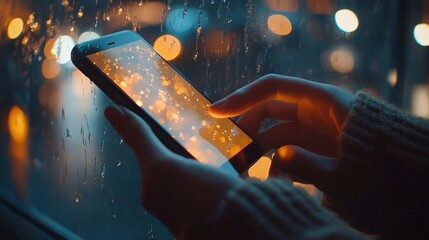 Person using smartphone with glowing screen near rain-covered window at night with blurred city lights in background