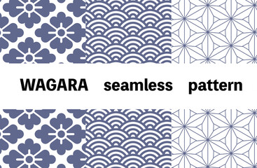 Japanese seamless pattern set. Traditional Hanabishi, Seigaiha, and Asanoha motifs for oriental background design.
