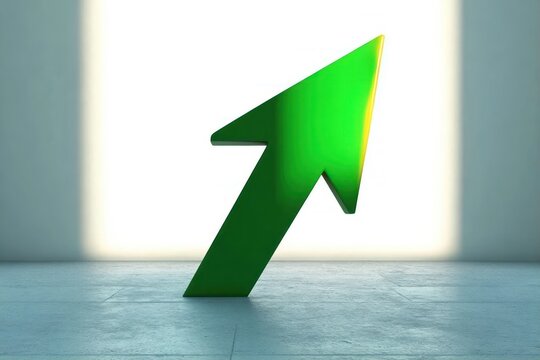 Large green upward arrow symbol standing on a smooth gray floor with bright light shining in the background, representing growth and progress