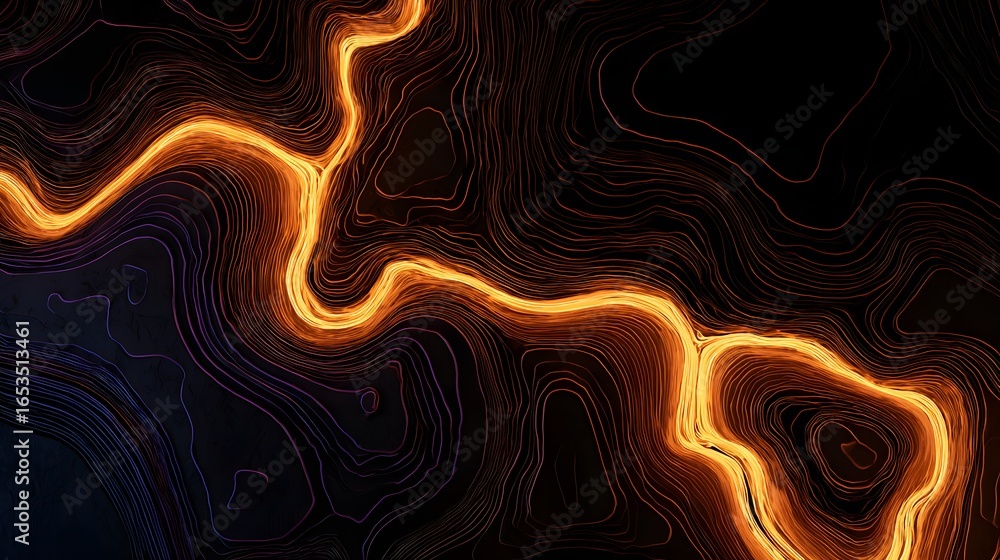 Poster abstract design featuring a dynamic, glowing orange-yellow stream meandering through a complex netwo