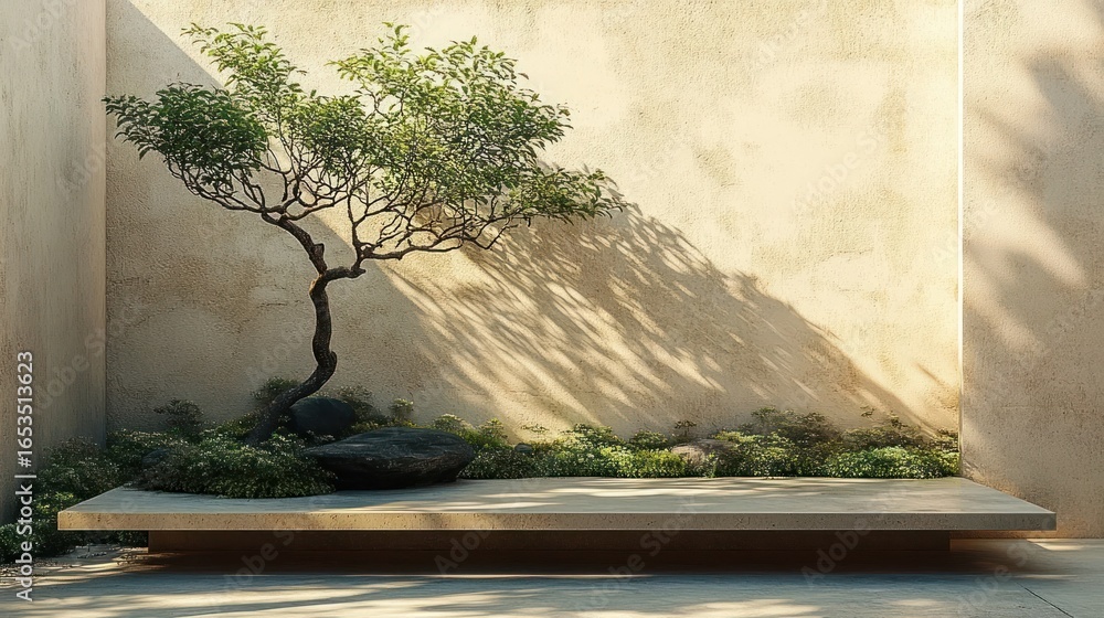 Poster minimalist garden scene with a small tree casting a delicate shadow on a textured light wall next to