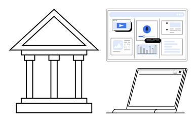 Government building icon next to a laptop and online dashboard visuals. Ideal for governance, digital transformation, online services, e-government, public institutions, technology integration, civic