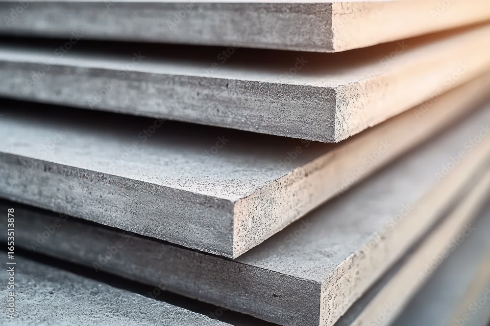 Poster close-up of stacked concrete slabs showing texture and sharp edges with soft natural lighting